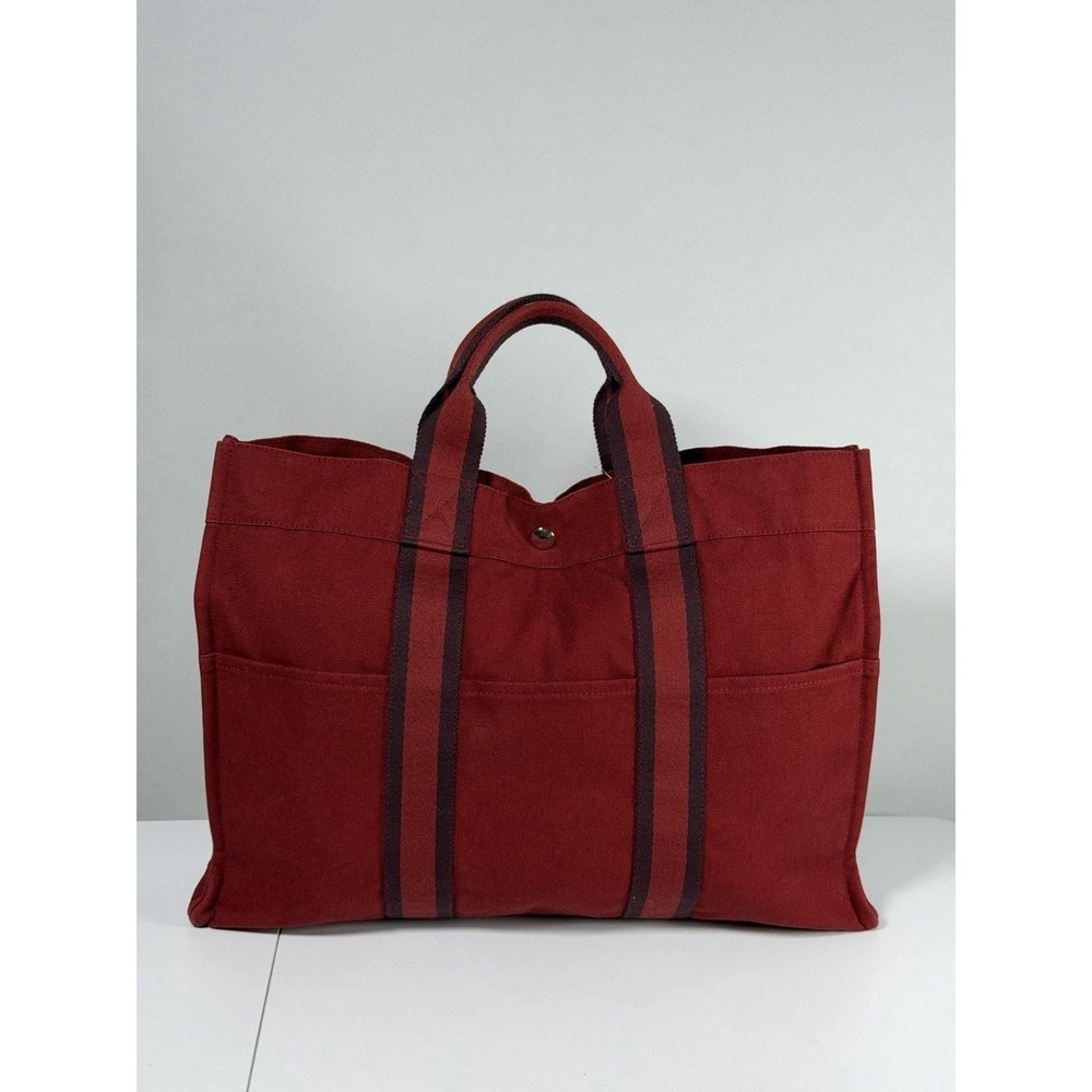 0001. Authentic HERMES Sac Deauville Handbag Tote Bag Canvas Red Silver Hardware - Picture 4 of 12